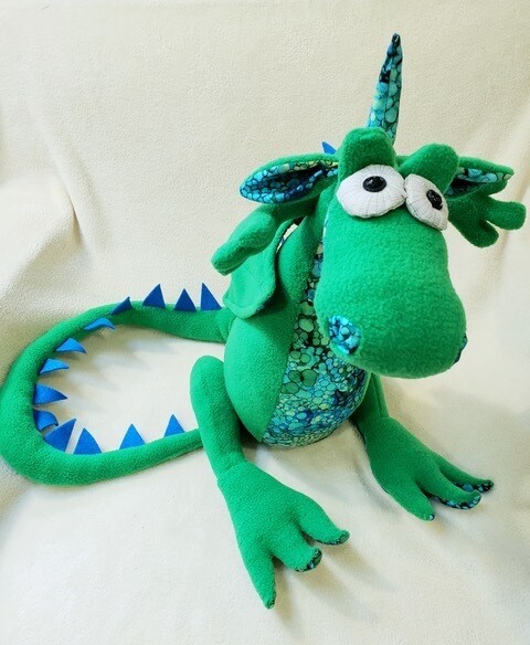 Plush stuffed dragon handmade by Gabriola Artist Elyn Abernethy
