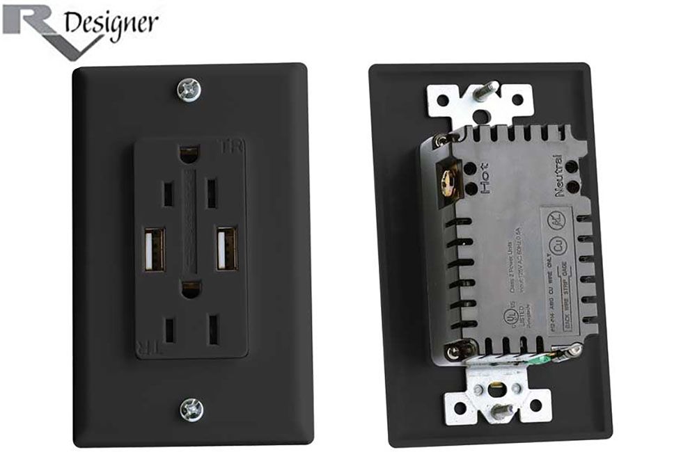 AC DUAL OUTLET w/COVER &amp; 2 USB CHARGE PORTS, Color: Black (S860)