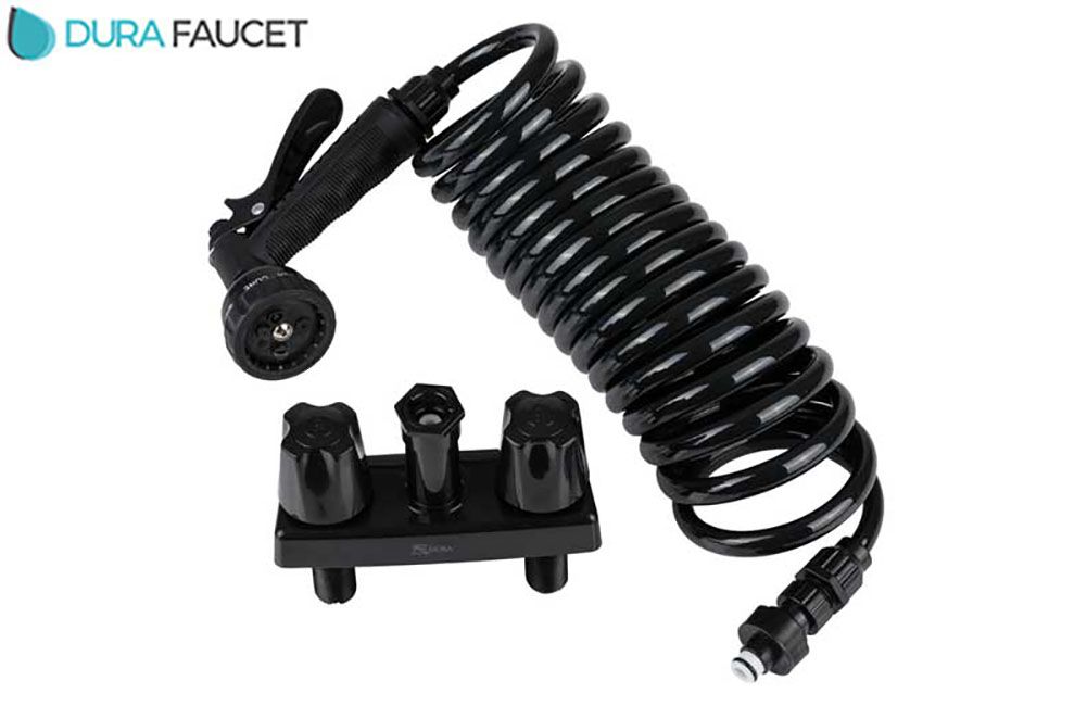 EXTERIOR SPRAY FAUCET w/COIL HOSE &amp; MULTI SPRAY NOZZLE, Color/Knobs: Black (DF-SA186-BK)