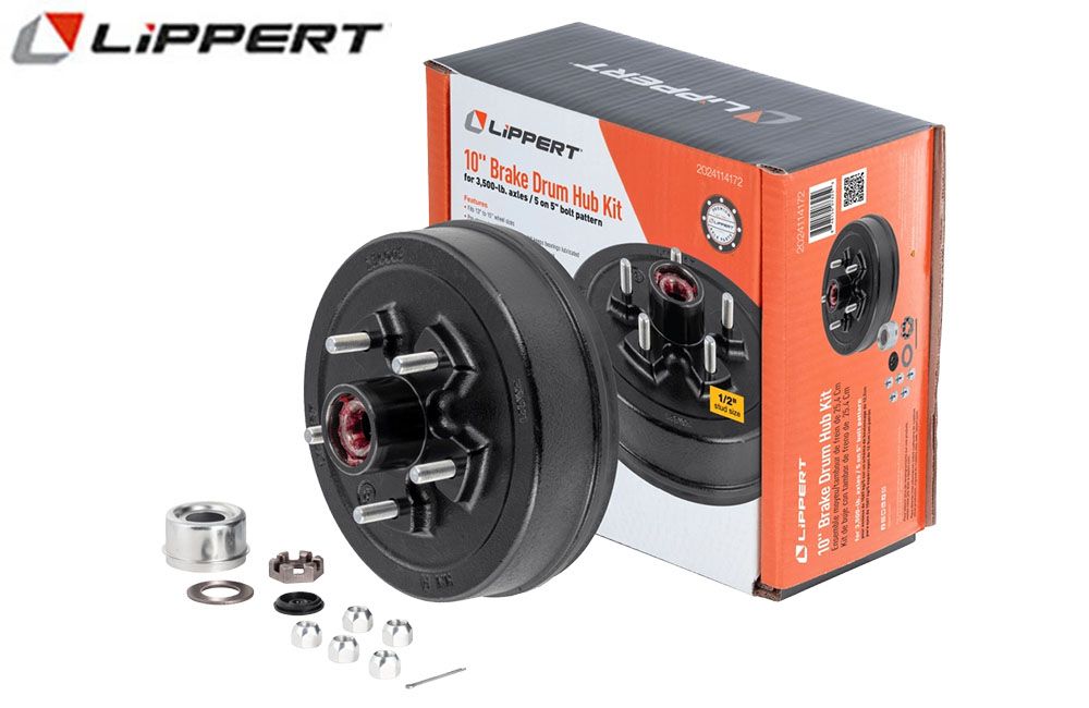 10IN BRAKE HUB COMPLETE KIT W/INSTALLED BEARINGS-3.5K LB AXLES 5 ON 5IN BOLT PATTERN 1/2IN STUD SIZE