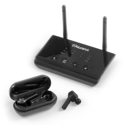 Kit de transmisión de TV con auriculares inalámbricos verdaderos con Bluetooth | Bluetooth 5 | Alcance de 100 pies