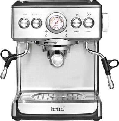 Brim - Cafetera espresso con 19 bares de presión, Espumador de leche y Depósito de agua extraíble - Plata