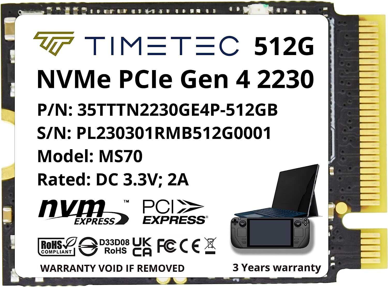 Timetec 512 GB M.2 2230 SSD NVMe PCIe Gen 4x4 Lectura hasta 4800 MB/s Compatible con Steam Deck, ASUS ROG Ally, Microsoft Surface pro 9/ pro 8/pro 7+/pro X/laptop3/laptop4/laptop go/book3 , Mini PC