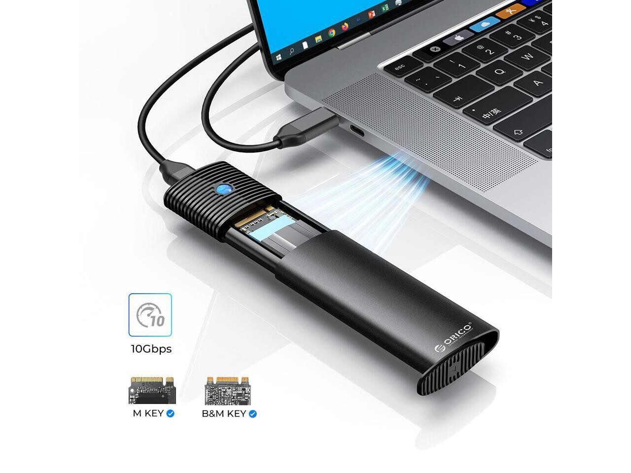 ORICO Caja SSD NVMe M.2 de Aluminio, Adaptador USB C de 10 Gbps sin Herramientas, Lector NVMe USB 3.2 M.2, Caja SSD Externa Compatible con Thunderbolt 3, Admite SSD PCIe M-Key de 4 TB 2230/2242/2260/2