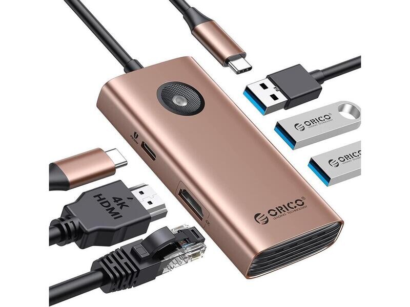 Hub USB C, estación de acoplamiento USB C ORICO 5 en 1 con compatible con HDMI 4K, suministro de energía de 60 W, USB 3.0 de 5 Gbps y 2 puertos de datos USB 2.0, base USB C para MacBook Air, MacBook P