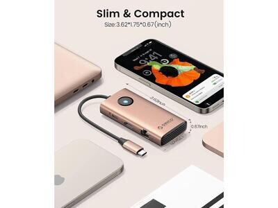 Hub USB C, estación de acoplamiento USB C ORICO 5 en 1 con compatible con HDMI 4K, suministro de energía de 60 W, USB 3.0 de 5 Gbps y 2 puertos de datos USB 2.0, base USB C para MacBook Air, MacBook P