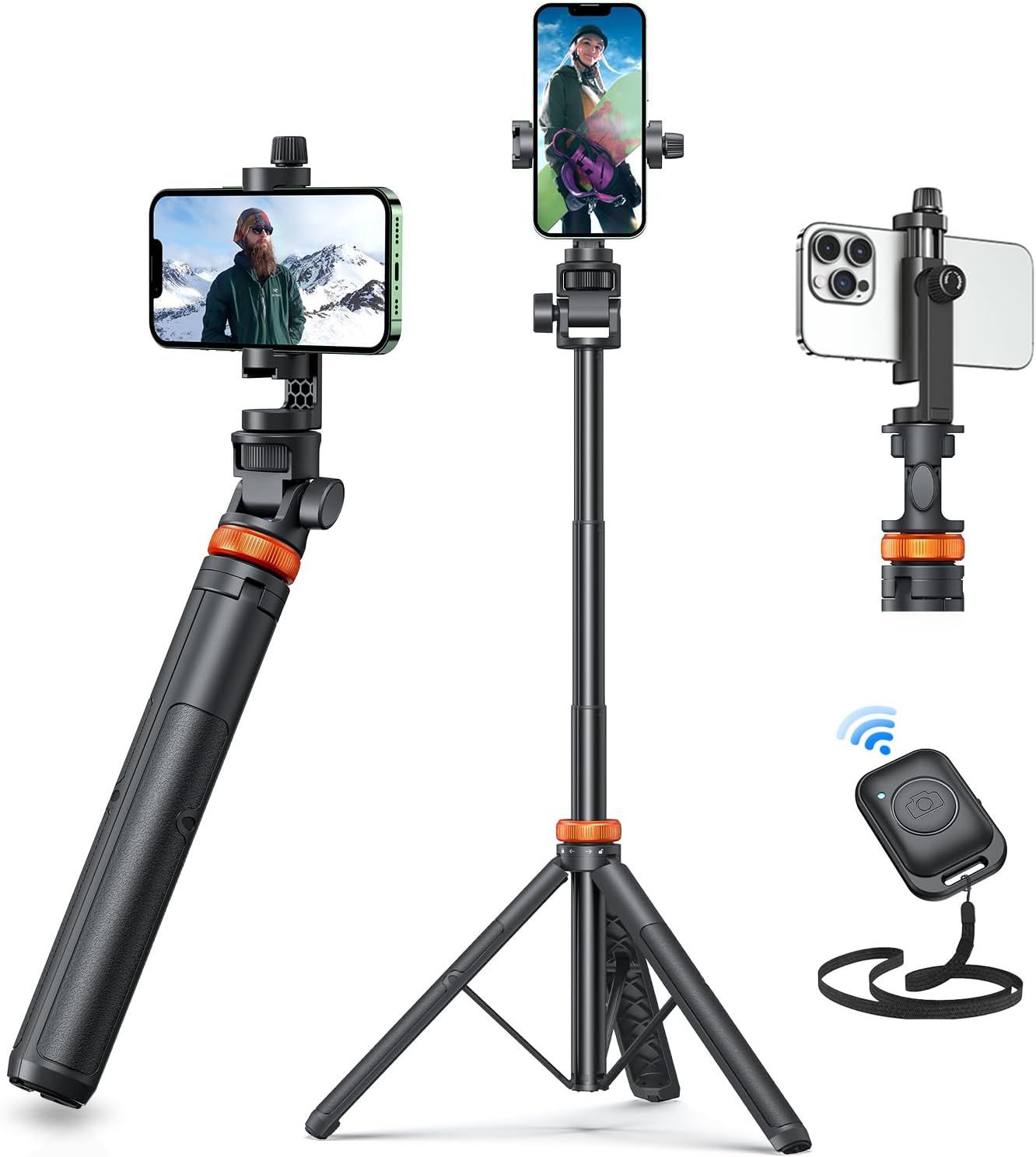 EUCOS Trípode de teléfono de 62&quot; , trípode para iPhone y selfie Stick con control remoto, soporte de trípode extensible para teléfono y trípode de viaje, trípode para teléfono celular más.