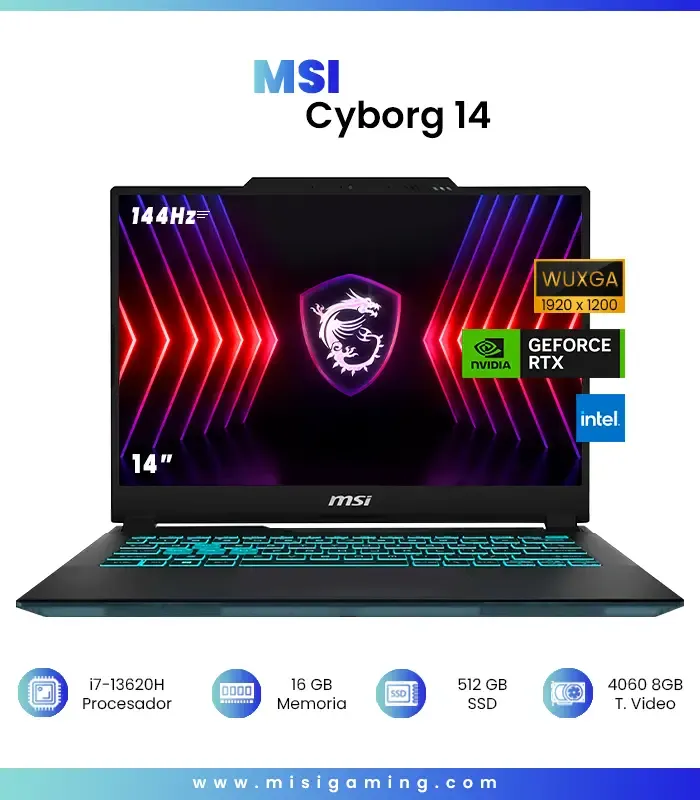 MSI - Laptop Gaming Cyborg Pantalla  14&quot;  144 Hz (FHD+) - Intel Core i7-13620H - Memoria  16 GB Exp 64GB Ram - NVIDIA GeForce RTX 4060 con 8 GB - SSD de 512 GB - Negro translúcido  12 Meses Garantia!