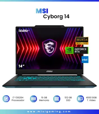 MSI - Laptop Gaming Cyborg Pantalla  14&quot;  144 Hz (FHD+) - Intel Core i7-13620H - Memoria  16 GB Exp 64GB Ram - NVIDIA GeForce RTX 4060 con 8 GB - SSD de 512 GB - Negro translúcido  12 Meses Garantia!