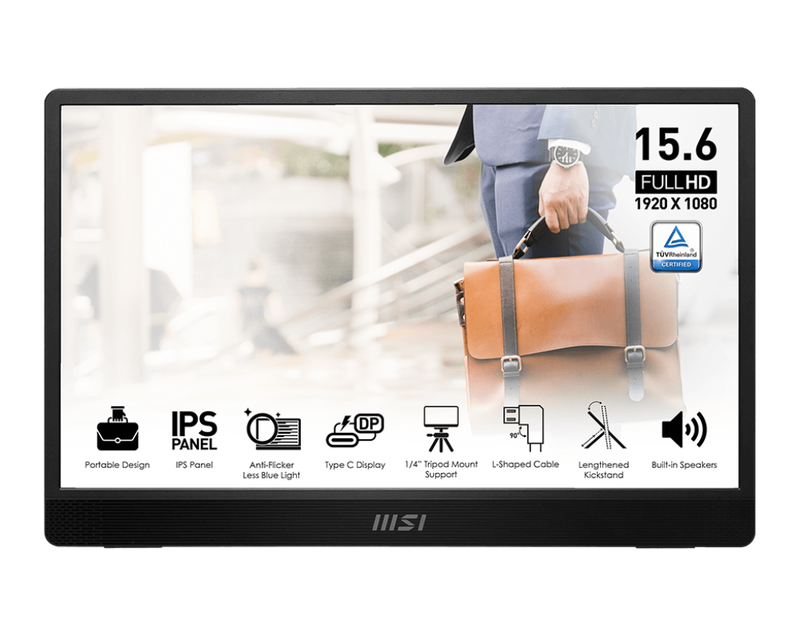 Monitor Portátil PRO MSI - 15.6&quot; IPS, Full HD (1920X1080), 60Hz, 4ms(GTG), 16:9, 800:1, 1x HDMI™ 2.0 (FHD@120Hz), 1x Mini-HDMI™ (2.0b), 2x Type-C, External USB Power (Type C interface), Color: Negro.
