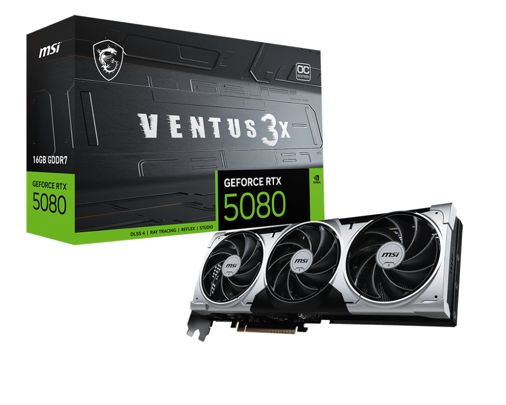 Tarjeta video MSI GeForce RTX™ 5080 - Capacidad de 16G, GDDR7, 256-bit, PCI Express® Gen 5, 1x HDMI™ 2.1b, 3x DisplayPort (v2.1b), 3x abanicos. GeForce RTX 5080 16G VENTUS 3X - 12 MESES GARANTIA!