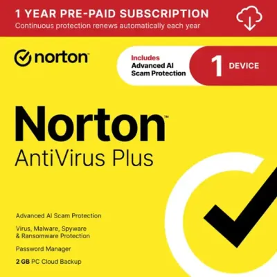 Norton - Antivirus Plus (1 dispositivo)  antivirus + Administrador de contraseñas + Firewall inteligente + Copia de seguridad en la nube para PC ( 1 año) - Android, Apple iOS, Windows -Digital
