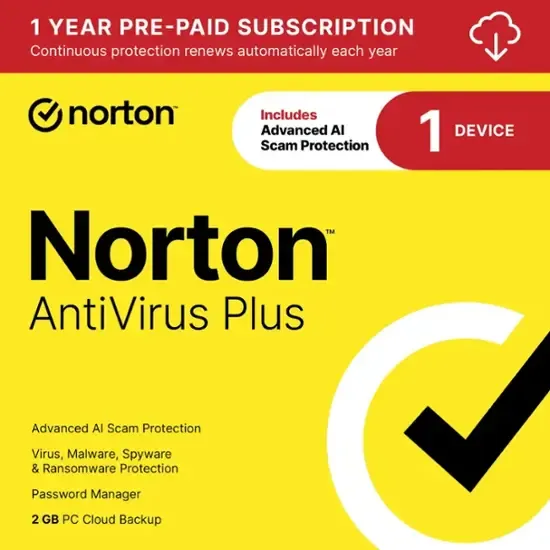 Norton - Antivirus Plus (1 dispositivo)  antivirus + Administrador de contraseñas + Firewall inteligente + Copia de seguridad en la nube para PC ( 1 año) - Android, Apple iOS, Windows -Digital