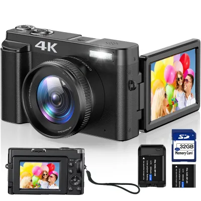 Cámara Vlogging Cámara digital 4K para Youtube Enfoque automático con tarjeta SD de 32 GB, pantalla abatible de 180° Zoom digital 16X Cámaras de video de 48MP Videocámara para fotografía
