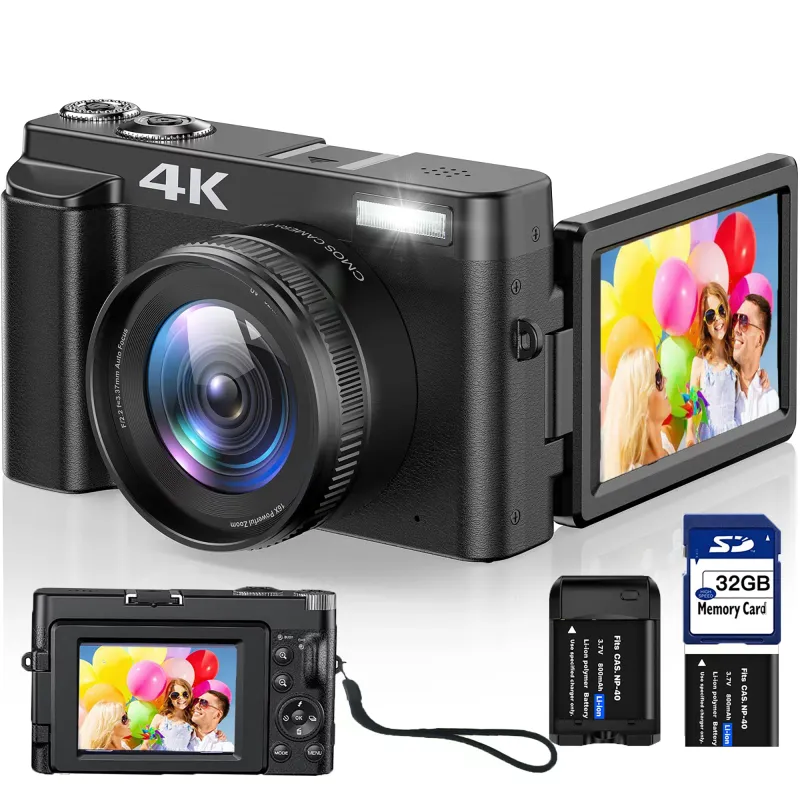 Cámara Vlogging Cámara digital 4K para Youtube Enfoque automático con tarjeta SD de 32 GB, pantalla abatible de 180° Zoom digital 16X Cámaras de video de 48MP Videocámara para fotografía