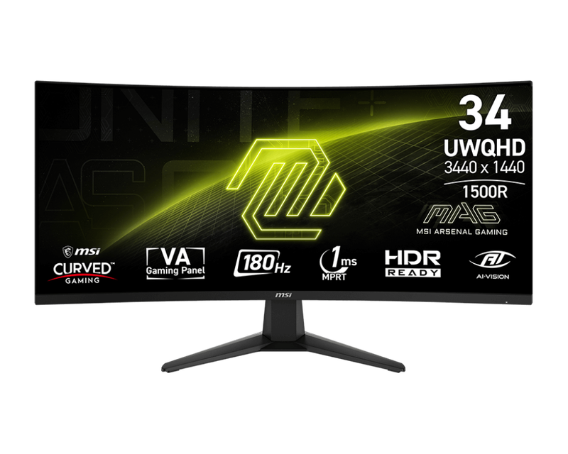 MSI - Monitor Gaming 34", 3440 x 1440 (UWQHD), 180Hz, sincronización adaptativa, HDMI, DisplayPort, montaje VESA, inclinación, altura ajustable, altavoz, 1 ms, negro