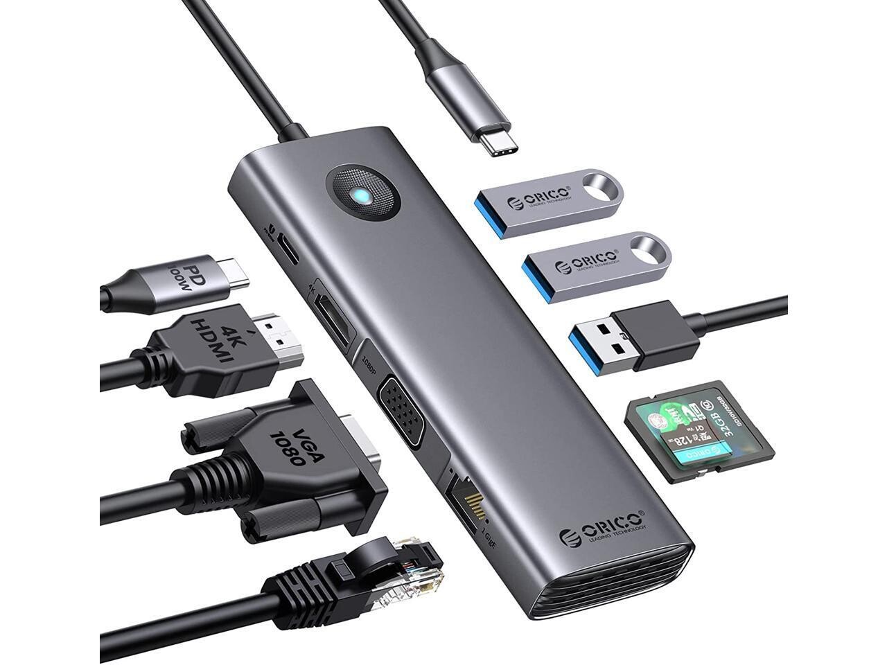 ORICO Estación de Acoplamiento USB C, Dock USB C 9 en 1 con 1000Mbps con Compatible con HDMI 4K+PD100W+3*USB3.0+Ethernet+SD/TF+VGA, Adaptador multipuerto USB C para MacBook/Dell/HP/Surface/Lenovo