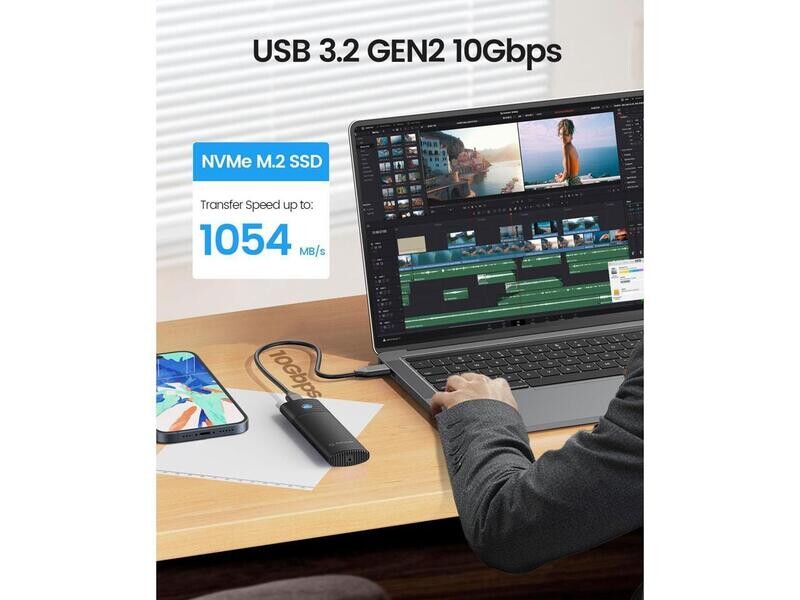 ORICO Caja SSD NVMe M.2 de Aluminio, Adaptador USB C de 10 Gbps sin Herramientas, Lector NVMe USB 3.2 M.2, Caja SSD Externa Compatible con Thunderbolt 3, Admite SSD PCIe M-Key de 4 TB 2230/2242/2260/2