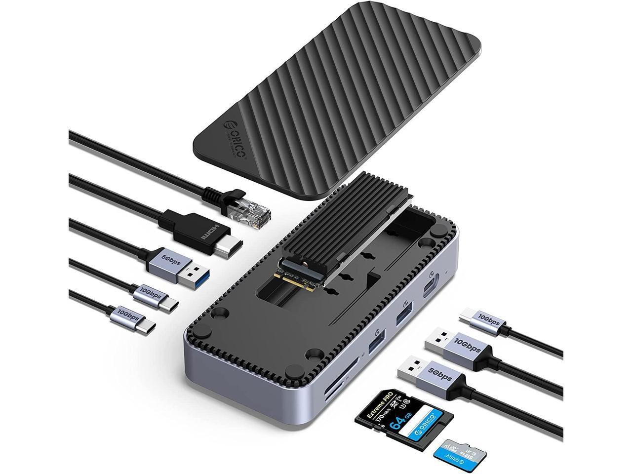 ORICO M.2 NVMe y SATA SSD estación de acoplamiento USB C 10Gbps PD 100W RJ45 SD/TF 4K 10 en 1 estación de acoplamiento para portátil Macbook Pro