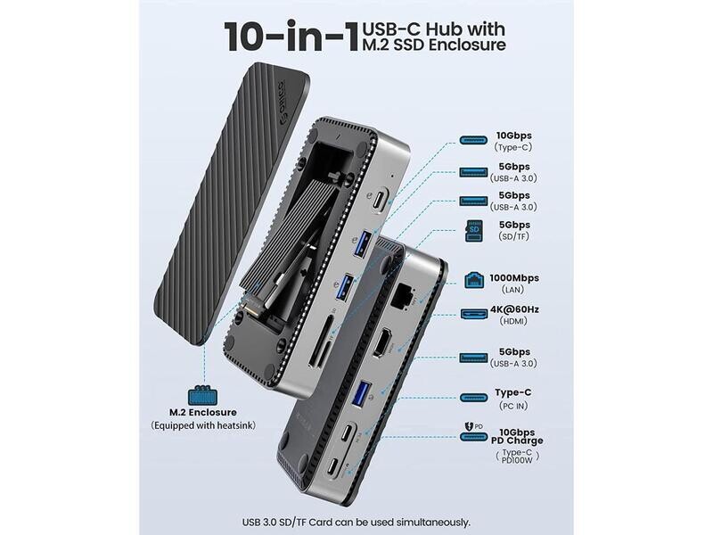 ORICO M.2 NVMe y SATA SSD estación de acoplamiento USB C 10Gbps PD 100W RJ45 SD/TF 4K 10 en 1 estación de acoplamiento para portátil Macbook Pro