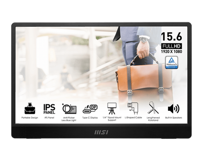 Monitor Portátil PRO MSI - 15.6" IPS, Full HD (1920X1080), 60Hz, 4ms(GTG), 16:9, 800:1, 1x Mini-HDMI™ (2.0b), 2x Type-C (DP 1.2a signal with Alt mode &amp; 15W Power Delivery / Power Input), Color: Negro.