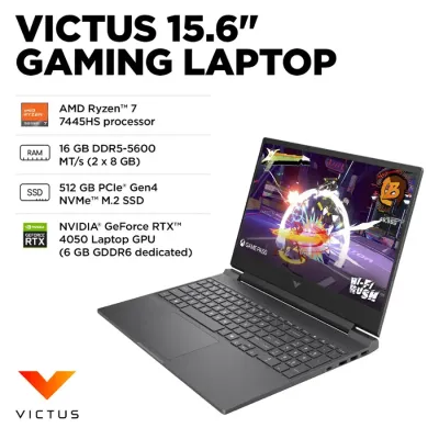 HP - Victus Laptop Gaming  Pantalla  15.6" 144Hz Full HD  - AMD Ryzen 7 7445HS - 16GB Memory Exp 64GB - NVIDIA GeForce RTX 4050 6GB - 512GB SSD - Mica Silver. 12 Meses Garantia!