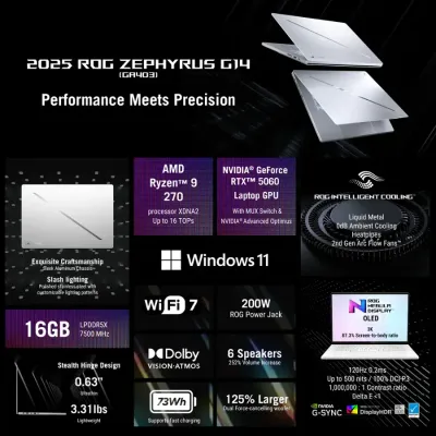 ASUS - ROG Zephyrus G14 - Laptop Gaming Pantalla 14" OLED 3K 120 Hz - AMD Ryzen 9 270 - 16 GB LPDDR5X - GeForce RTX 5060 con 8GB - SSD de 1 TB - Blanco platino - 12 Meses Garantia! 2025