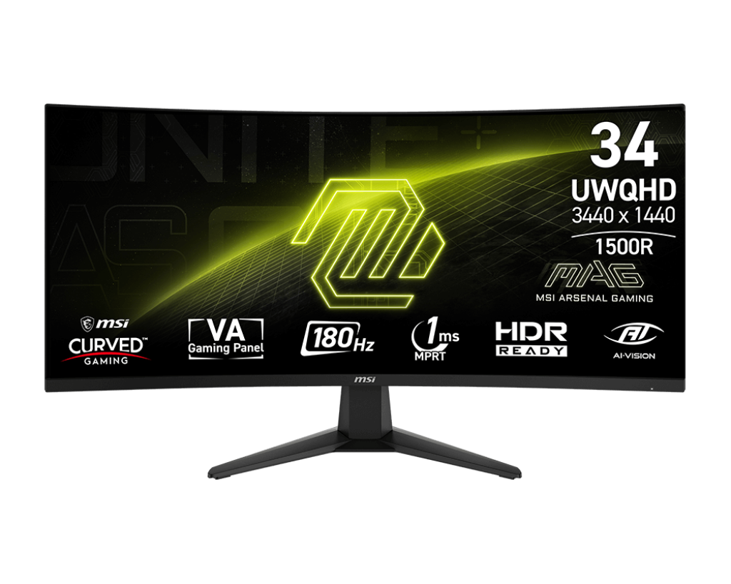 MSI - Monitor Gaming 34", 3440 x 1440 (UWQHD), 180Hz, sincronización adaptativa, HDMI, DisplayPort, montaje VESA, inclinación, altura ajustable, altavoz, 1 ms, negro