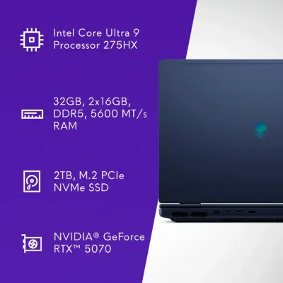 Alienware - 16X Aurora Pantalla 16" 240Hz Gaming Laptop WQXGA - Intel Core Ultra 9 275HX with 32GB Exp 64GB Memoria - NVIDIA GeForce RTX 5070 8GB - 2TB SDD - Blue - 12 Meses Garantia!