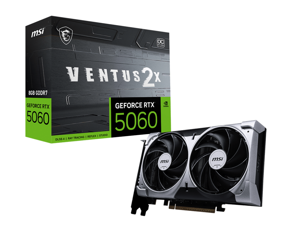 MSI Tarjeta gráfica Gaming RTX 5060 8G Ventus 2X OC (8GB GDDR7,128-bit, Rendimiento extremo: 2535 MHz, DisplayPort x3 2.1a, HDMI 2.1b, arquitectura NVIDIA Blackwell)