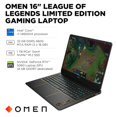 HP OMEN Pantalla 16″ FHD 165 Hz – Intel Core i7-14650HX – 32GB DDR5 Exp 64GB – NVIDIA GeForce RTX 5060 8GB – 1TB SSD – League of Legends Limited Edition - 12 Meses Garantia!