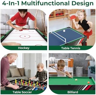 Mesa Gaming combinada 4 en 1, multijuego  49"  con fútbol, hockey de aire, billar, mesa de ping pong, futbolín, mesa de billar para el hogar, noche familiar, regalos para adultos