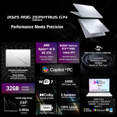 ASUS - ROG Zephyrus G14 - Laptop Gaming Pantalla 14" Pantalla OLED 3K de 120 Hz - Copilot+ PC - AMD Ryzen AI 9 HX - 32 GB de RAM - NVIDIA RTX 5080 con 16GB  - 2 TB - Blanco platino - 12 Meses Garantia