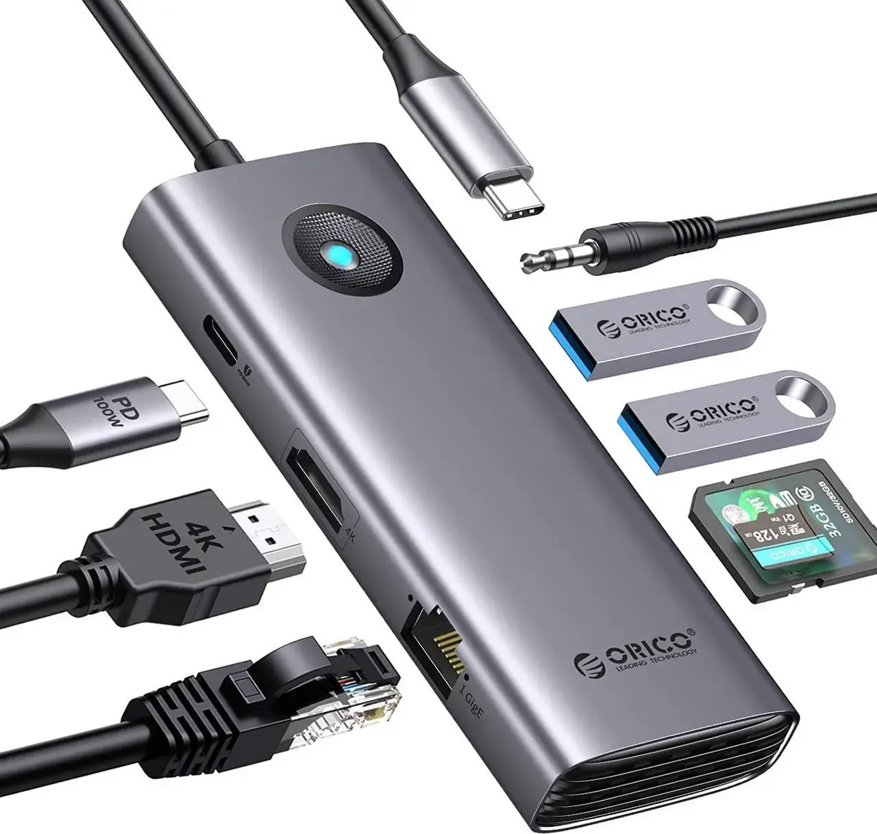 Concentrador USB C,  USB C ORICO 8 en 1 con compatibilidad con HDMI 4K, suministro de energía de 100 W, 2 puertos USB de 5 Gbps, SD y TF, audio de 3,5 mm, adaptador multipuerto Gigabit Ethernet tipo C