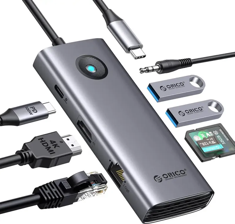Concentrador USB C,  USB C ORICO 8 en 1 con compatibilidad con HDMI 4K, suministro de energía de 100 W, 2 puertos USB de 5 Gbps, SD y TF, audio de 3,5 mm, adaptador multipuerto Gigabit Ethernet tipo C