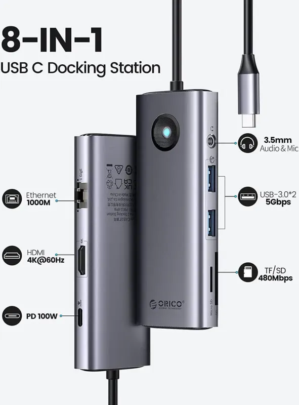 Concentrador USB C,  USB C ORICO 8 en 1 con compatibilidad con HDMI 4K, suministro de energía de 100 W, 2 puertos USB de 5 Gbps, SD y TF, audio de 3,5 mm, adaptador multipuerto Gigabit Ethernet tipo C