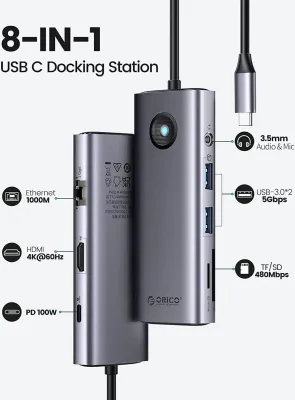 Concentrador USB C,  USB C ORICO 8 en 1 con compatibilidad con HDMI 4K, suministro de energía de 100 W, 2 puertos USB de 5 Gbps, SD y TF, audio de 3,5 mm, adaptador multipuerto Gigabit Ethernet tipo C