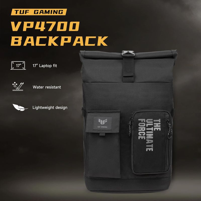 ASUS Mochila TUF Gaming VP4700, portátil de hasta 17 pulgadas, con cierre plegado superior para cambiar el tamaño, peso ligero y duradero repelente al agua para uso diario - Negro