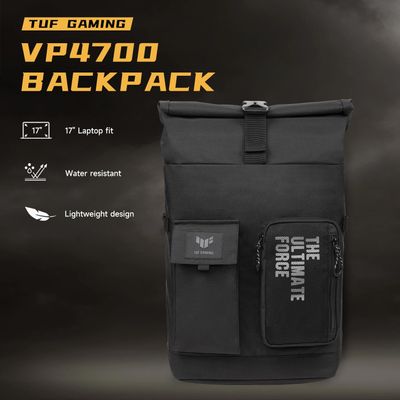ASUS Mochila TUF Gaming VP4700, portátil de hasta 17 pulgadas, con cierre plegado superior para cambiar el tamaño, peso ligero y duradero repelente al agua para uso diario - Negro