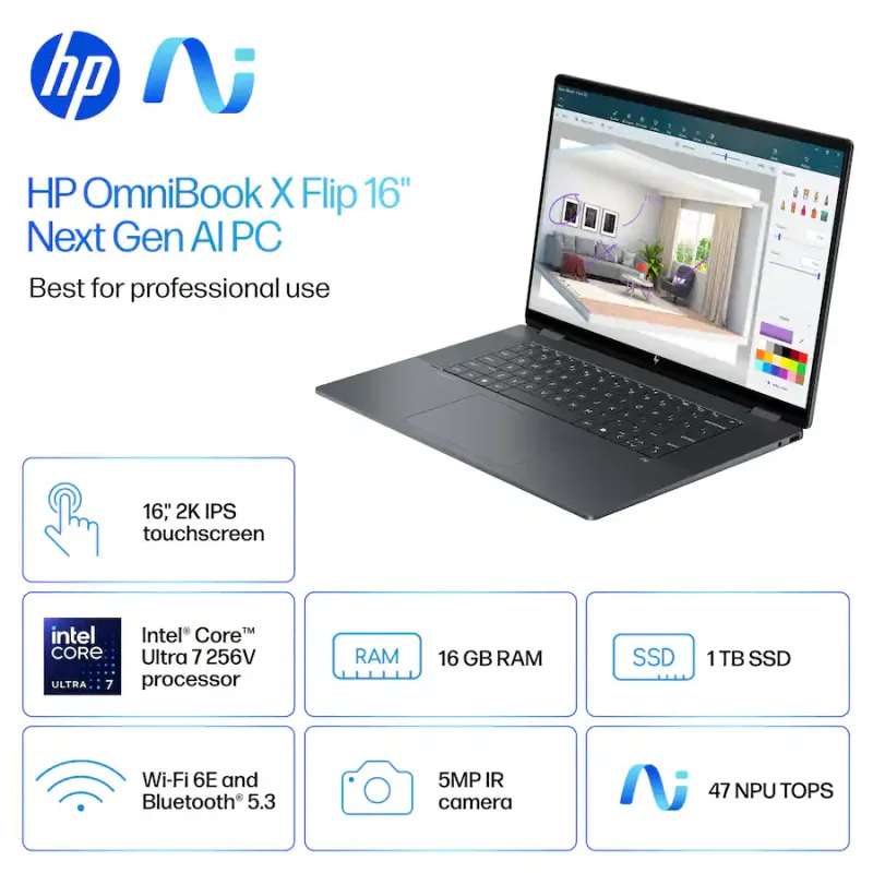 HP OmniBook X Flip 2 en 1 - PC Copilot+ - Laptop pantalla Táctil 2 16" - Intel Core Ultra 7 de 256 V y 24 bits - 16 GB de memoria - SSD de 1 TB - Color gris eclipse - 12 Meses Garantias!