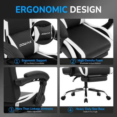 Dowinx - Silla Gaming con reposabrazos ajustables en altura, silla de oficina resistente con reposapiés y respaldo reclinable para el hogar y la oficina - Blanco y negro
