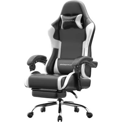 Dowinx - Silla Gaming con reposabrazos ajustables en altura, silla de oficina resistente con reposapiés y respaldo reclinable para el hogar y la oficina - Blanco y negro