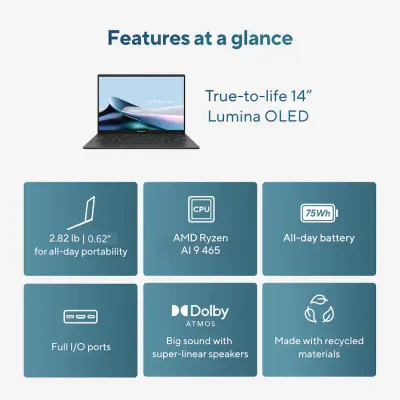 ASUS - Laptop Zenbook 14 Pantalla 14" Táctil OLED 2K - AMD Ryzen AI 9 465 2026 - 16 GB de memoria - 512 GB de almacenamiento - PC con Copilot+ - Gris Jasper - 12 Meses Garantia!