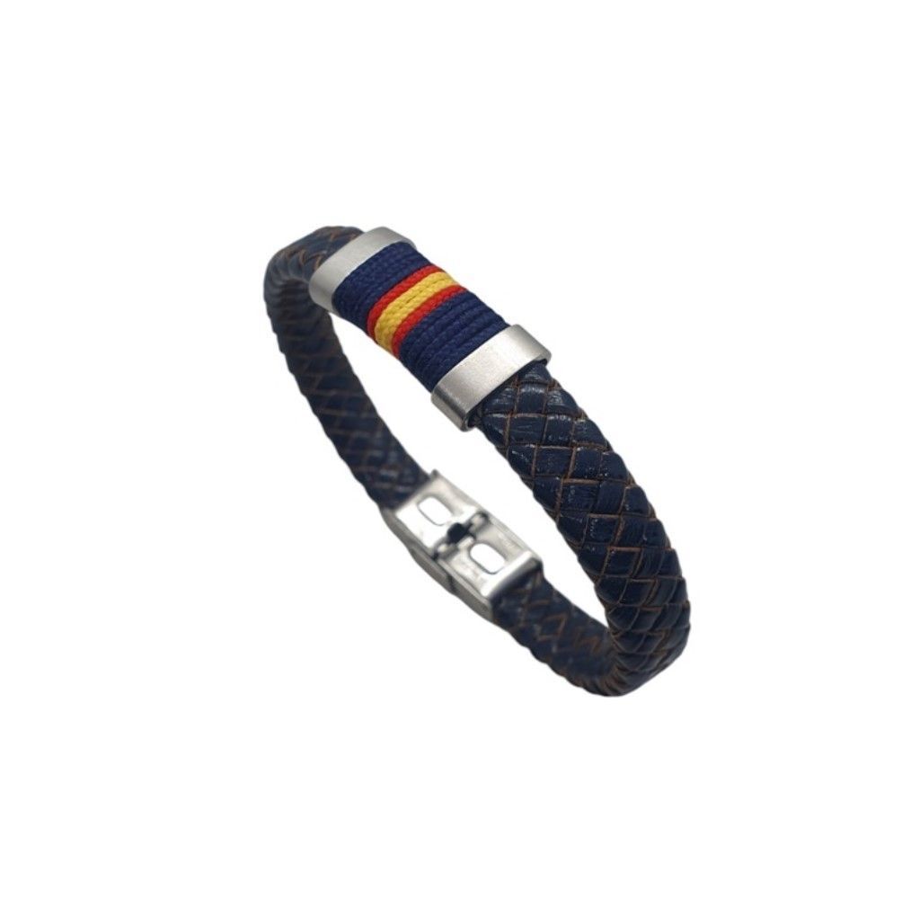 PULSERA EN PIEL TRENZADA AZUL Y BANDERA DE ESPAÑA GROSOR 10 mm