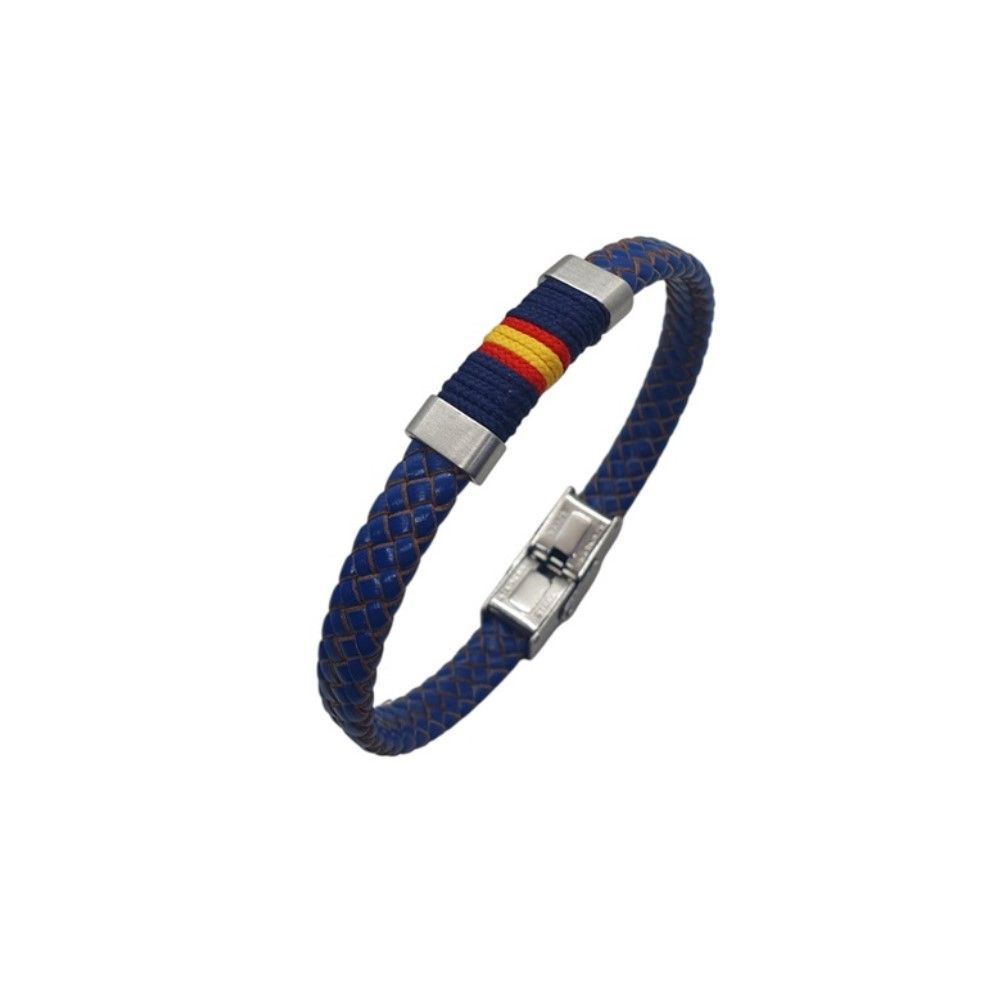 PULSERA FINA EN PIEL TRENZADA AZUL Y BANDERA DE ESPAÑA  GROSOR 7mm
