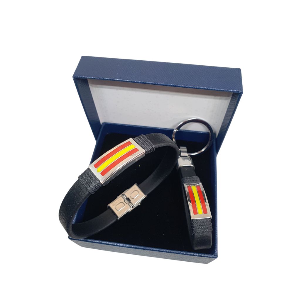 DUO PULSERA Y LLAVERO CHAPA ESPAÑA BIOTHANE NEGRO