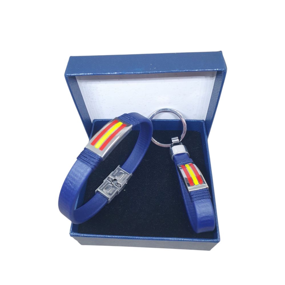 DUO PULSERA Y LLAVERO BIOTHANE CHAPITA DE EPAÑA AZUL