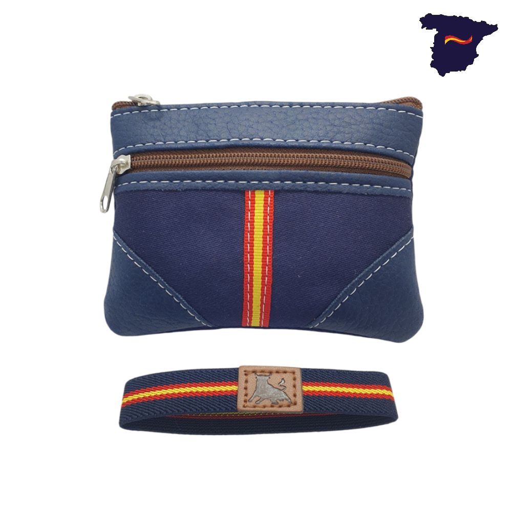 MONEDERO LONA PIEL AZUL BANDERA Y PULSERA TORO AZUL ELASTICA.