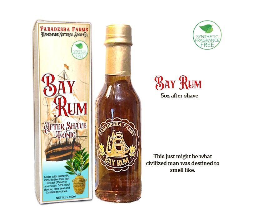 Paradesha Farms Bay Rum After Shave - made with authentic dark West Indies bay leaf extract (new 5oz glass bottle)