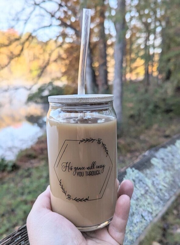 His Grace Will Carry You Through Glass Tumbler With Bamboo Lid and Straw